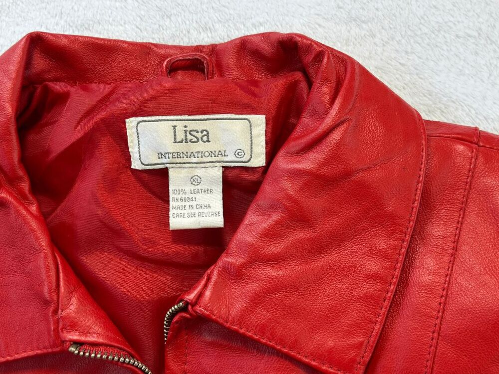 Lisa International Red Leather Zip Up Jacket Size XL Bold Classic Old Money - Picture 3 of 8